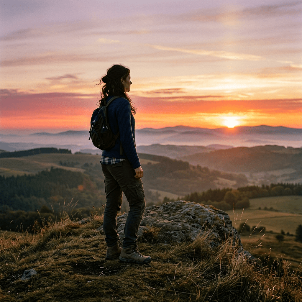 Person with backpack standing on a grassy hilltop overlooking a sunset and distant mountains