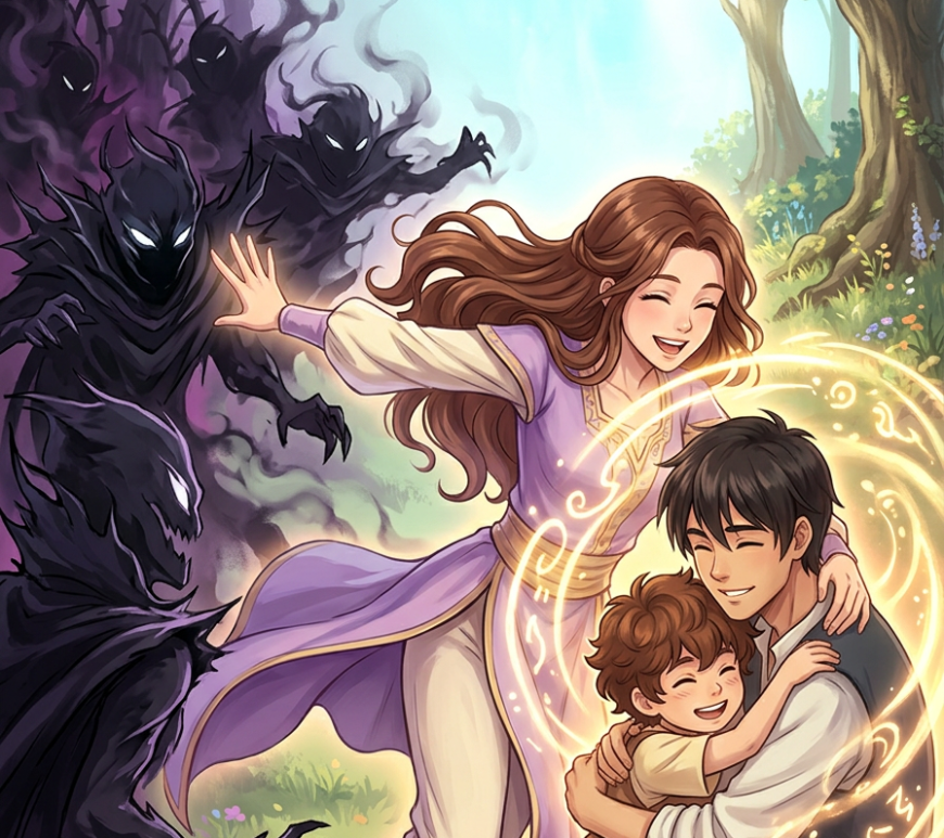 Woman embracing light, family love, pushing away dark figures