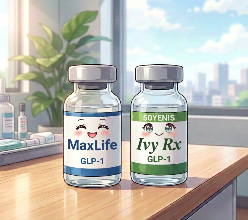 Two glass vials labeled IvyRx Semaglutide injection 5mg and MaxLife Liraglutide injection 6mg on a wooden desk
